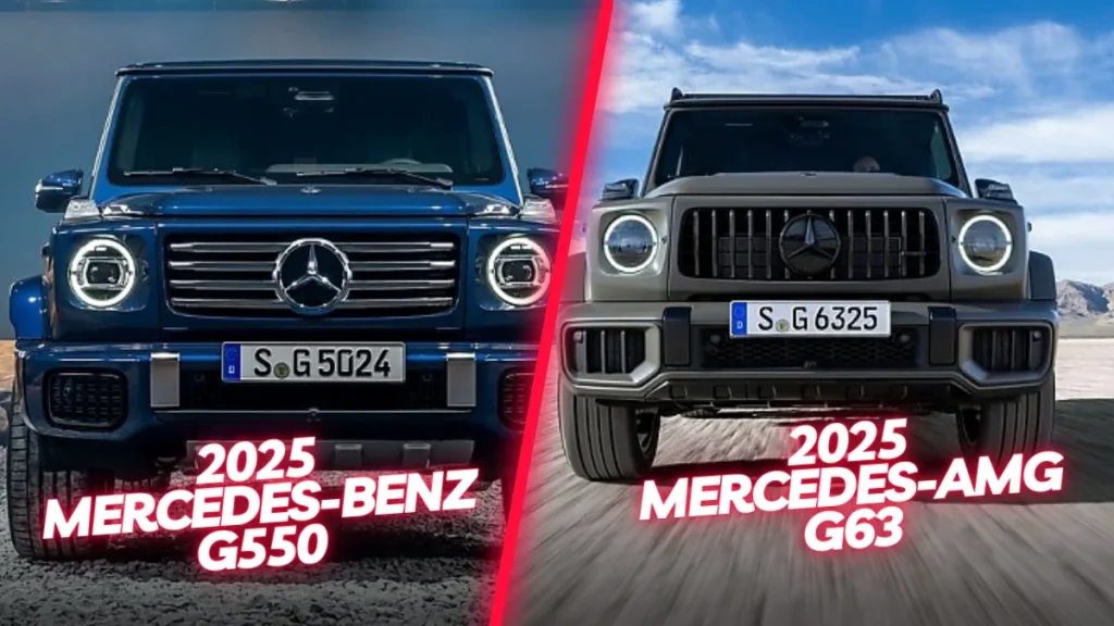 Mercedes 2025 G550 and G63; left side is 2025 Mercedes-Benz G550 and right side is 2025 Mercedes-AMG G63