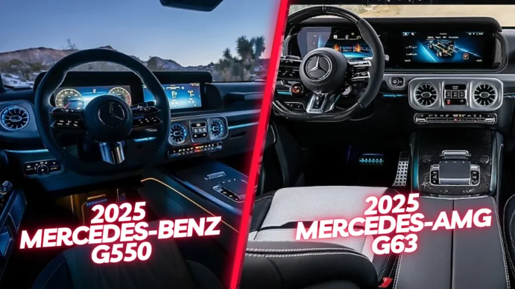 Mercedes 2025 G550 and G63; left side is 2025 Mercedes-Benz G550 and right side is 2025 Mercedes-AMG G63