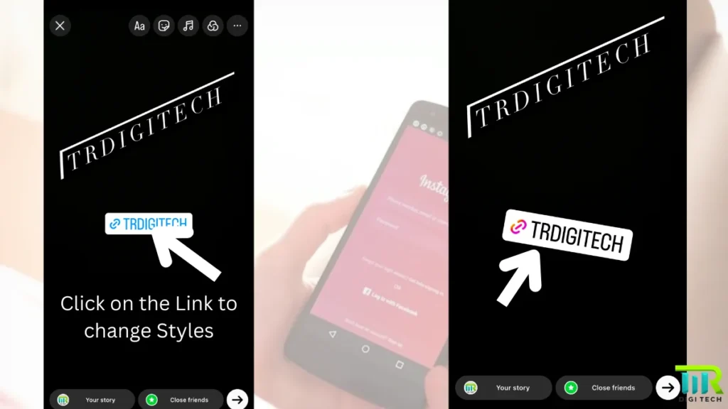 How to share a link on Instagram Story: Image of Instagram story-creating page where there is a text and a link in it with a white arrows instruction with a text on how to make the link attractive.