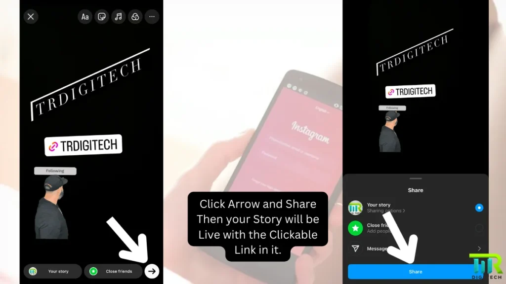 How to share link on Instagram Story: Image of Instagram Story-creating section where white arrows guding how to make the story live and story is with a text, link, and a GIF in it.