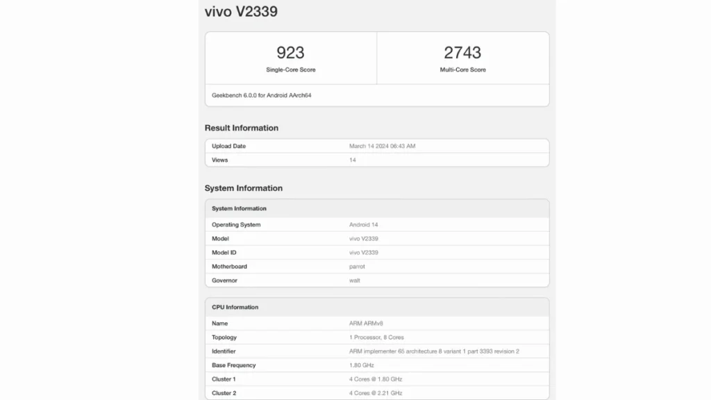 Vivo V30e GeekBench Score